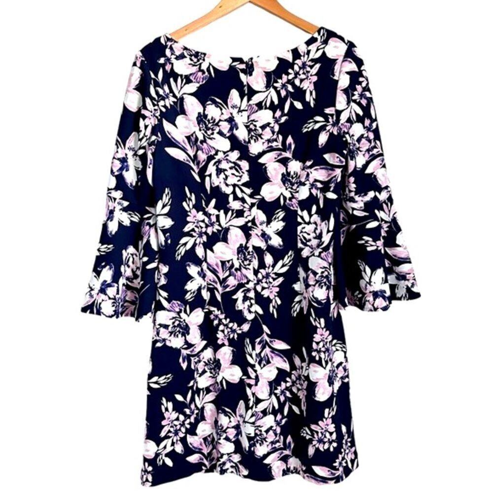 Eliza J Navy Blue Pink Floral Bell Sleeve Shift Dress Women 10 Elegant Wedding - Picture 6 of 16